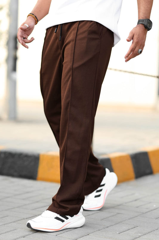 Plain Stripe Line Loose Bottom Trouser In Camel