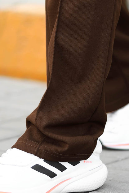 Plain Stripe Line Loose Bottom Trouser In Camel